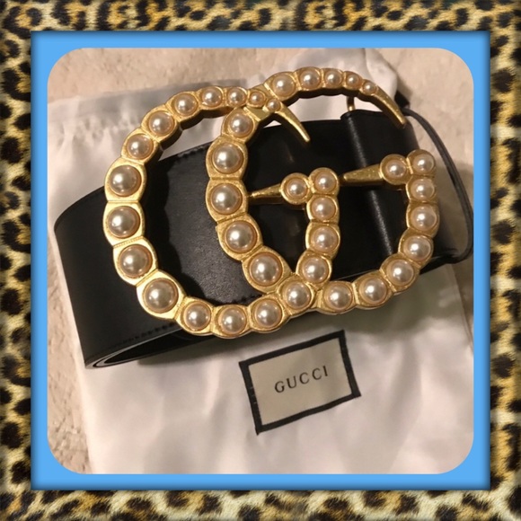 Gucci Accessories - 👑AUTHENTIC Gucci Marmont Wide Black Leather Belt Faux Pearl Embelished GG